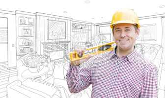 Contractor in Hard Hat Over Custom Living Room Drawing