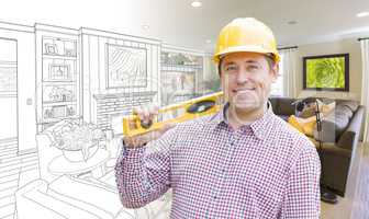 Contractor in Hard Hat Over Living Room Drawing and Photo