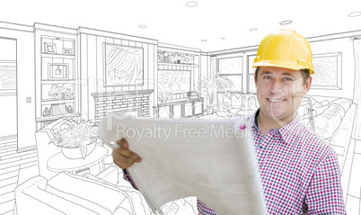 Contractor Holding Blueprints Over Custom Living Room Drawing