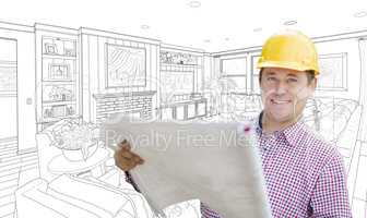 Contractor Holding Blueprints Over Custom Living Room Drawing