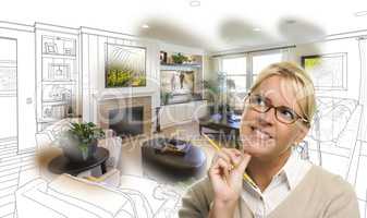 Woman With Pencil Over Living Room Design Drawing and Photo
