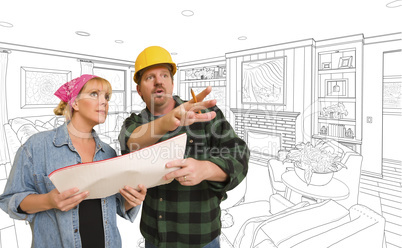Contractor Talking Plans With Woman Over Custom Living Room Draw