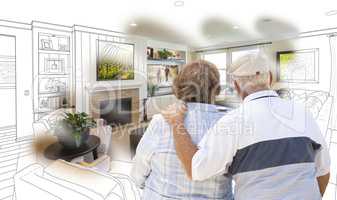 Senior Couple Looking Over Custom Living Room Design Drawing Pho
