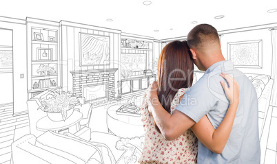 Military Couple Looking Over Custom Living Room Design Drawing
