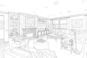 Black Line Drawing of a Custom Living Room
