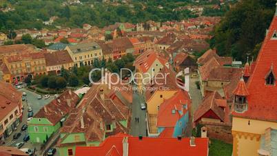 Close-up, Panoramic View of Sighisoara City in Transylvania, Romania