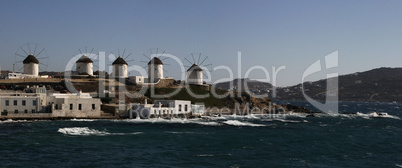 windmill on the island of Mykonos in Greece. panorama