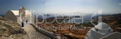 Traditional church in Greece with a bell. panorama