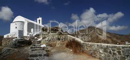 Traditional church in Greece with a bell. panorama