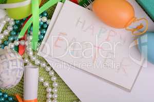 Easter background with Easter eggs with spring flowers/ vintage easter card with basket
