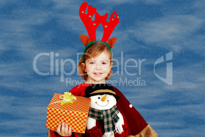 little girl with rudolf deer horn on head and gift