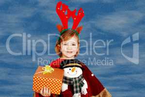 little girl with rudolf deer horn on head and gift