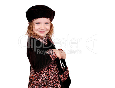 little girl in a dress with a leopard design