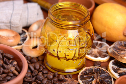 coffee beans and candle lemon on old vintage background
