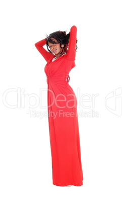 African American woman red long dress.