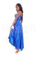 African American woman in blue dress in profile.