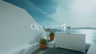 Establishing Shot of a Traditional Cycladic Mediterranean Terrace with Sea View