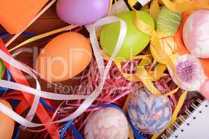 hand made eggs at a gift box, happy easter invitation card