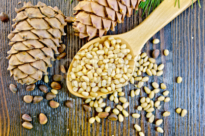 Cedar nuts refined in spoon on board