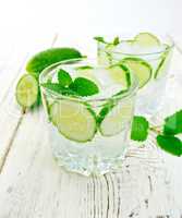 Lemonade with cucumber and mint on light board