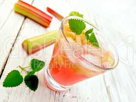 Lemonade with rhubarb and mint in glassful on board