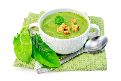 Soup puree with spinach and spoon