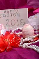 Easter eggs and flowers on background with gift box