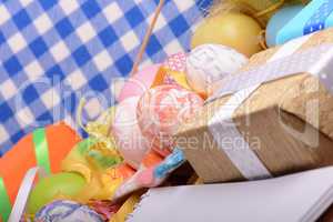 Easter background with eggs, ribbons and spring decoration