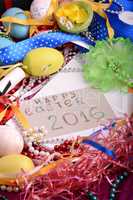 Easter background with eggs, ribbons and spring decoration