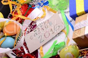 Easter background with eggs, ribbons and spring decoration