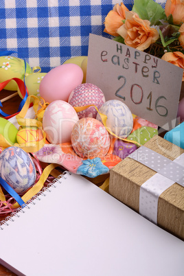 hand made eggs at a gift box, happy easter invitation card