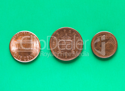 Dollars, Euro and Pounds - 1 Cent, 1 Penny