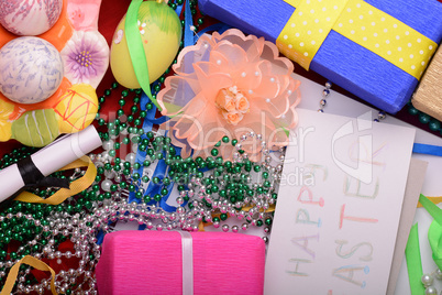 Easter background with eggs, ribbons and spring decoration