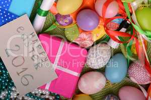 easter eggs with flowers and gift box