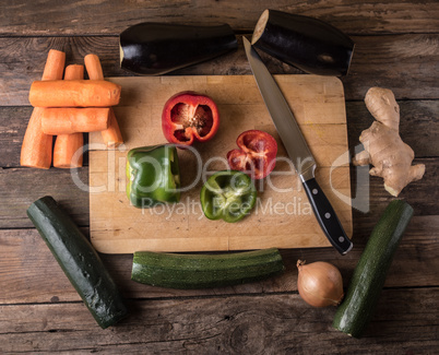 MIxed colorful vegetables on board, from overhead flat lay