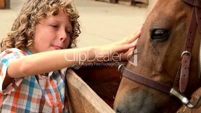 Young Boy Petting Horse
