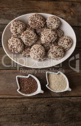 seasamed meatballs in the bowl wooden table