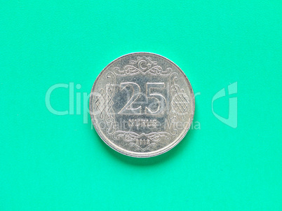 Turkish coin on green background