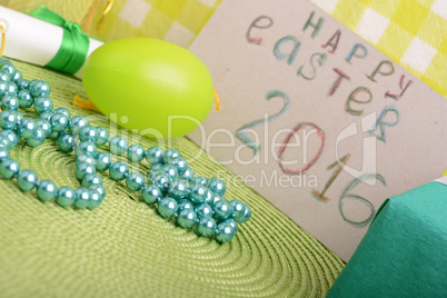 Easter eggs and invitation note. happy easter