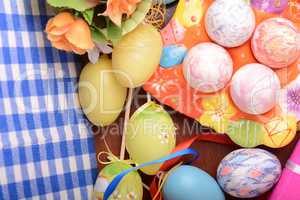 Easter background with eggs, ribbons and spring decoration