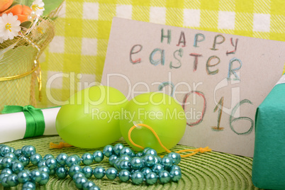 Easter eggs and invitation note. happy easter