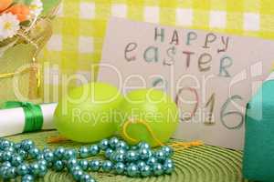 Easter eggs and invitation note. happy easter