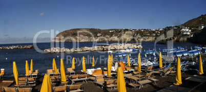 Empty sandy beach of Ischia island. panorama