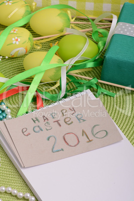 Easter eggs and invitation note. happy easter