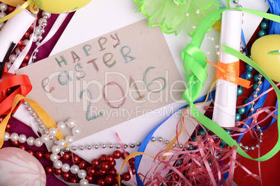 Easter background with eggs, ribbons and spring decoration