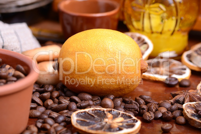 Vintage still life with coffee beans on wooden background