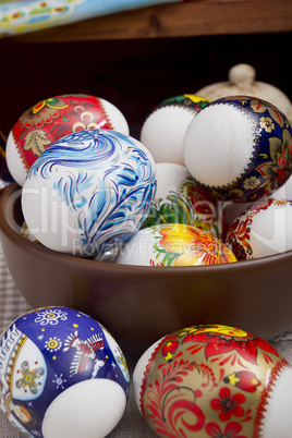 Easter eggs in a clay plate