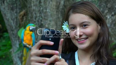 Teen Girl Selfie Parrot Cell Smiling