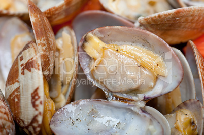 fresh clams on an iron skillet