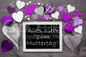 Black And White Chalkbord, Purple Hearts, Muttertag Means Mothers Day